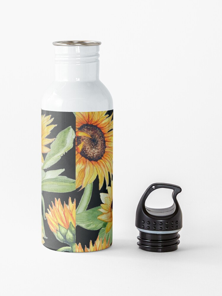 Alternate view of Sunflower watercolor floral on black Water Bottle