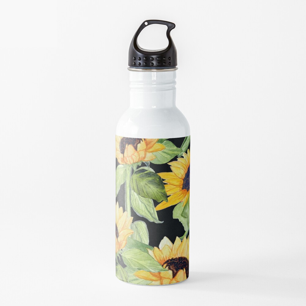 Sunflower watercolor floral on black Water Bottle
