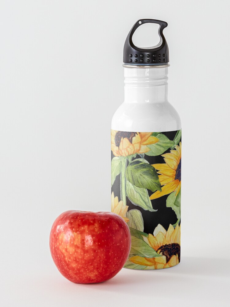 Alternate view of Sunflower watercolor floral on black Water Bottle