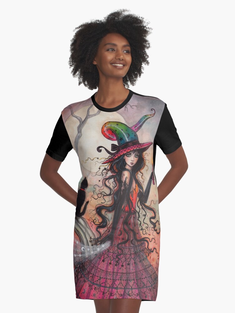 October Flame Witch Cat Fantasy Art by Molly Harrison Graphic T Shirt Dress