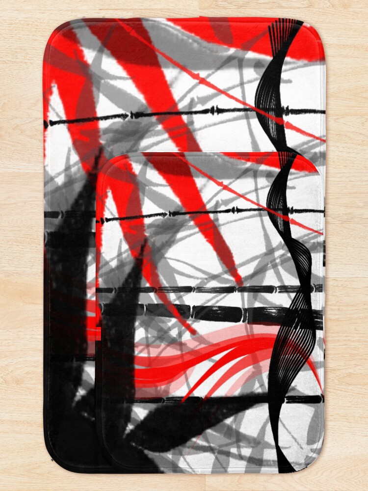 Alternate view of red black grey silver white bamboo abastract digital painting Bath Mat