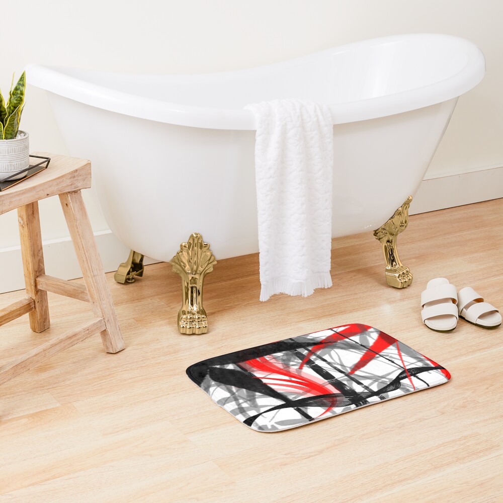 red black grey silver white bamboo abastract digital painting Bath Mat