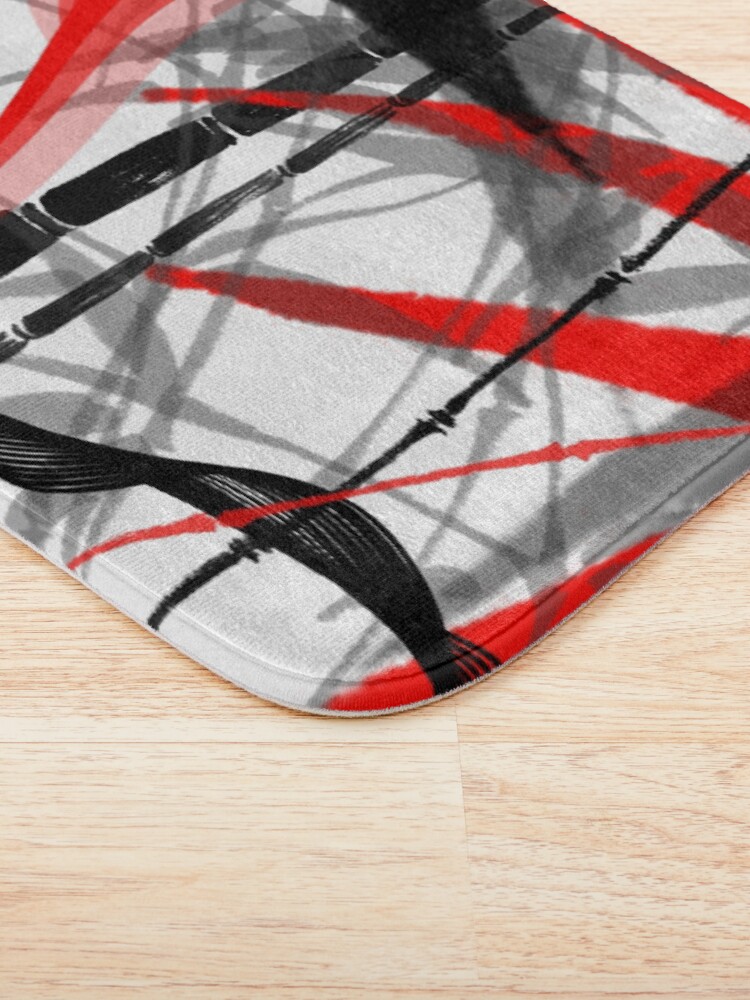 Alternate view of red black grey silver white bamboo abastract digital painting Bath Mat