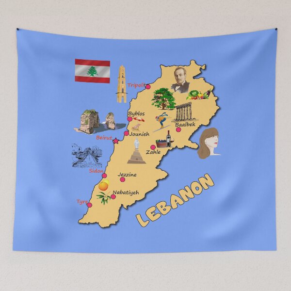 Item preview, Lebanon map, major cities names flag Lebanese national symbols and landmarks designed and sold by mashmosh.