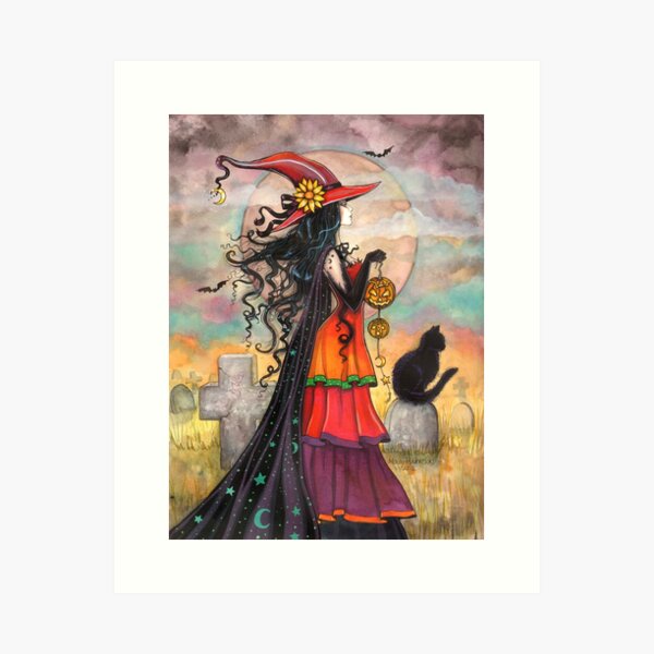 Item preview, Witch Way Halloween Witch and Black Cat Fantasy Art designed and sold by Molly  Harrison.