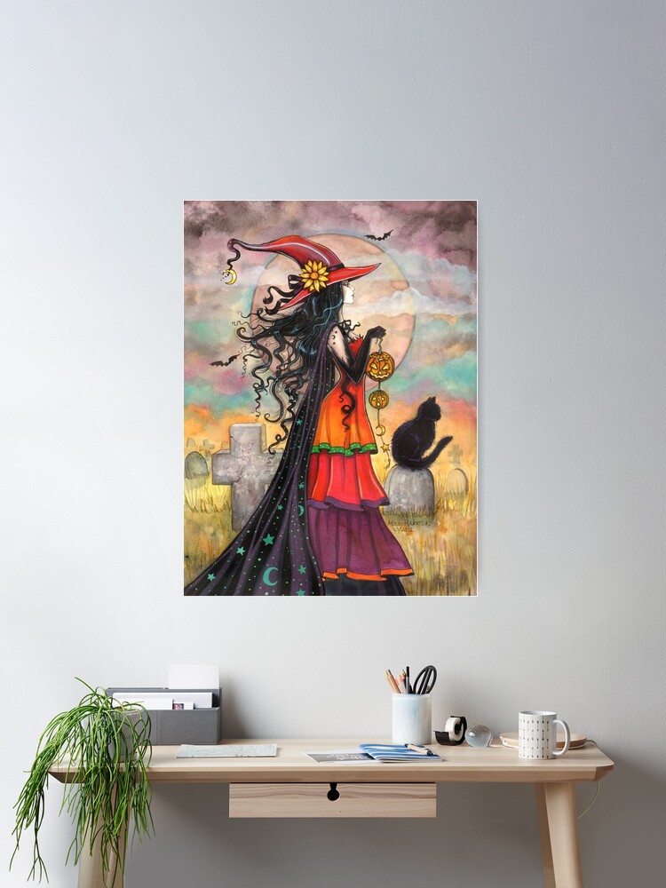 Hexe Mit Schwarzer Katze Leinwand-Poster 20x30 Cm - Kunstdruck