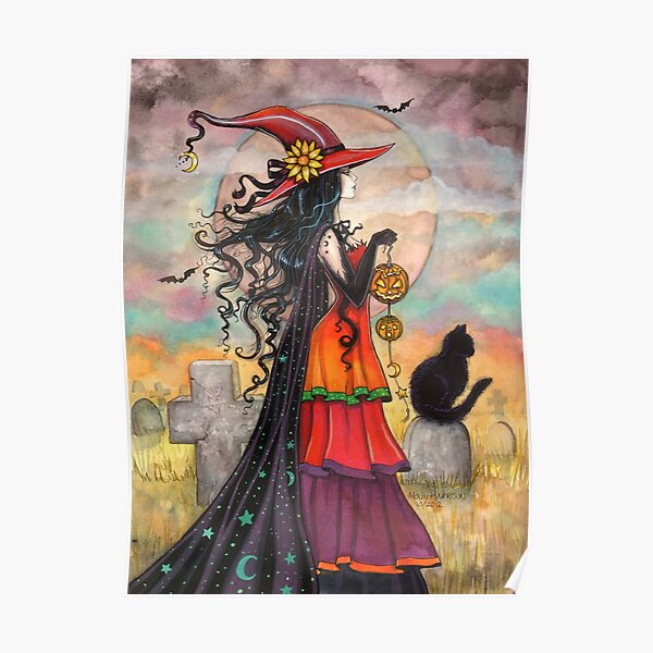 Witch Way Halloween Witch and Black Cat Fantasy Art Poster