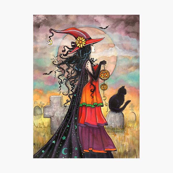 Witch Way Halloween Witch and Black Cat Fantasy Art Photographic Print