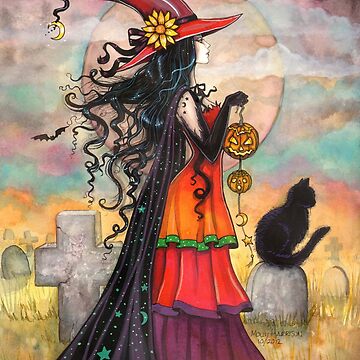 Artwork thumbnail, Witch Way Halloween Witch and Black Cat Fantasy Art by Molly Harrison