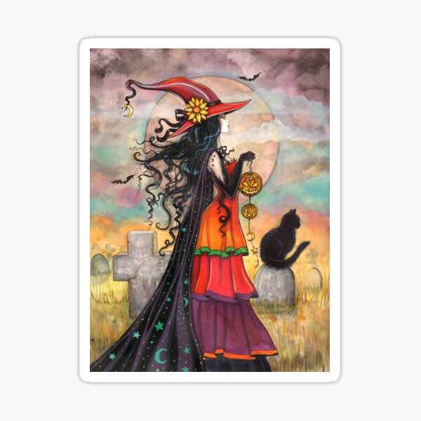 Witch Way Halloween Witch and Black Cat Fantasy Art Sticker