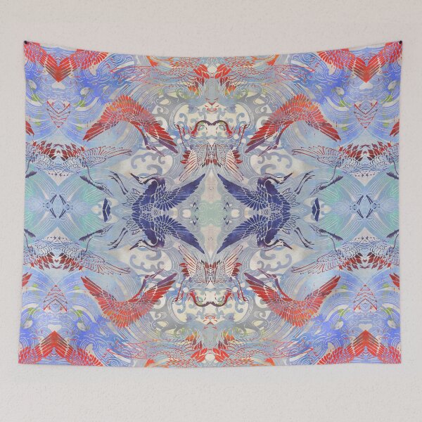 Item preview, Waves and Cranes Chinoiserie Chic Stencil in Red, Blue, Gray designed and sold by AndreaHelmArt.