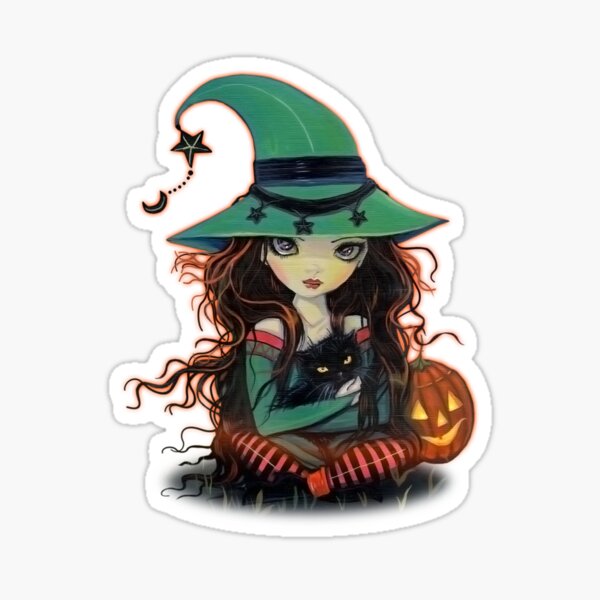 Cute Halloween Witch and Cat Big Eye Art Sticker
