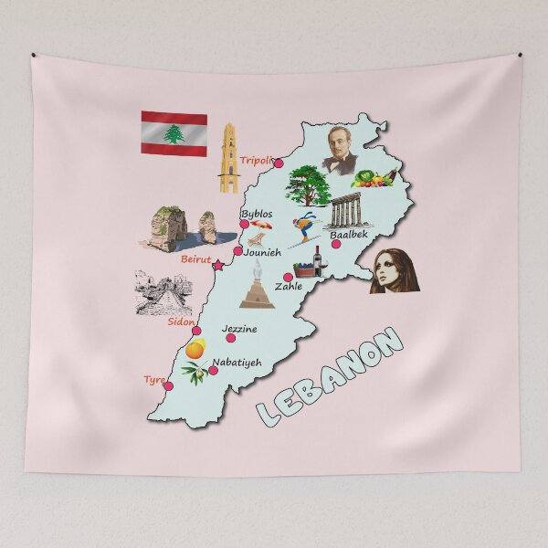 Item preview, Lebanon map, names of the major cities flag Lebanese national symbols and landmarks designed and sold by mashmosh.