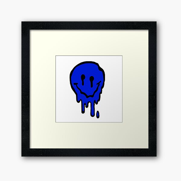 Blue Drippy Smiley Face Framed Art Print