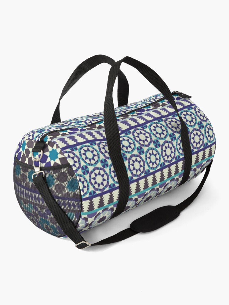 Thumbnail 2 of 3, Duffle Bag, Alhambra Tessellations - Turquoise, Violet and grey on white by Cecca Designs designed and sold by Cecca-Designs.