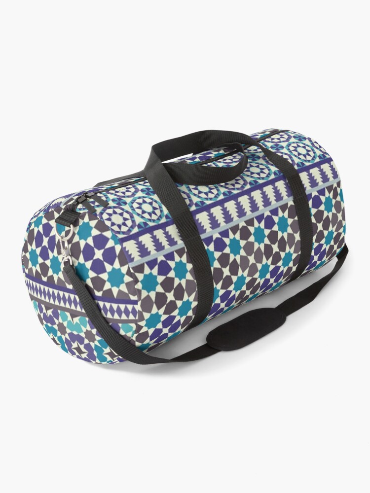 Thumbnail 1 of 3, Duffle Bag, Alhambra Tessellations - Turquoise, Violet and grey on white by Cecca Designs designed and sold by Cecca-Designs.