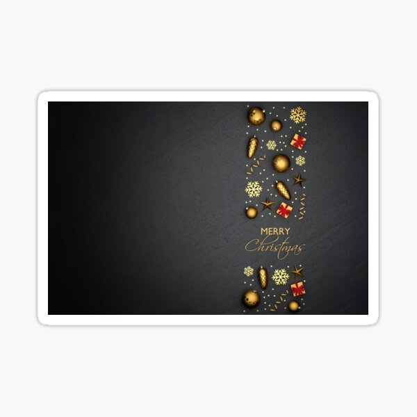 A band of flat lay golden christmas ornaments on a black stone plate. Text "Merry Christmas" inbetween. Sticker