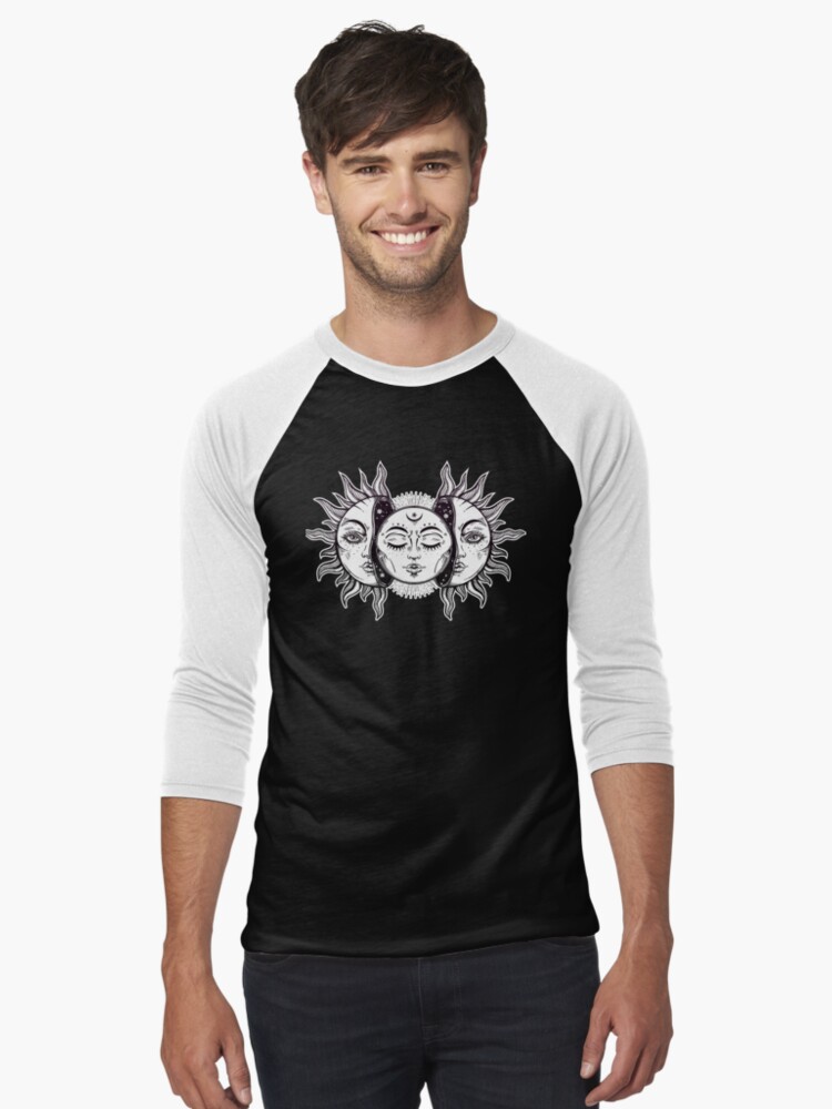 Imagen 1 de 3, Camiseta ¾ estilo béisbol con la obra Eclipse solar retro de sol y luna retro, diseñada y vendida por MagneticMama.