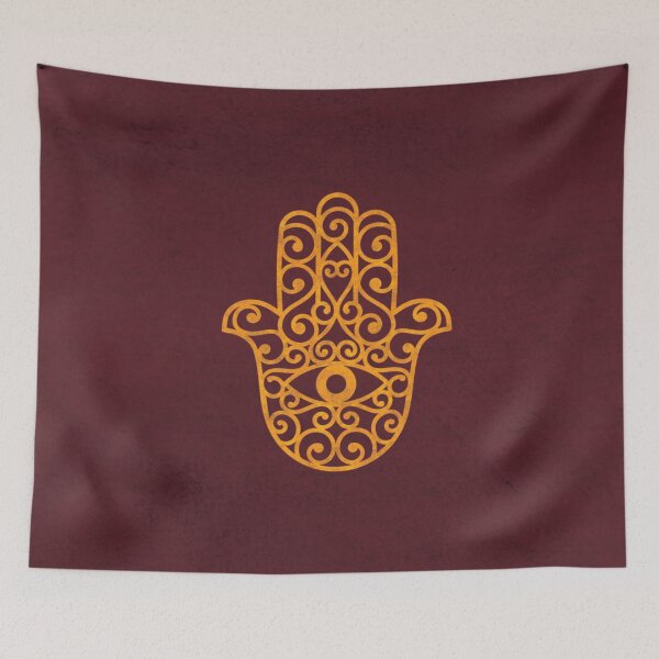 Item preview, Classic golden Hamsa symbol on red textile designed and sold by baligaia.