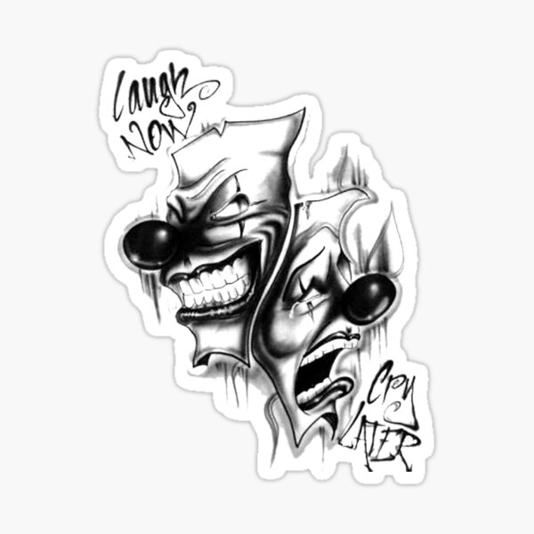 Laugh now, cry later: Contrasting clown masks, one laughing and the other  sad. Tattoo style. | Sticker