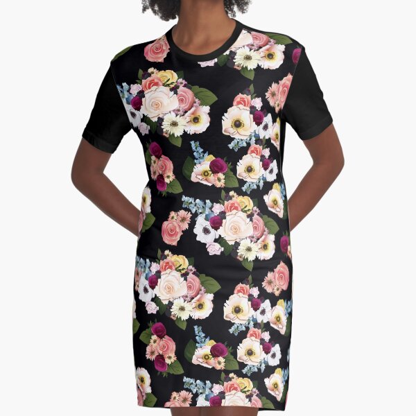Digital Floral: Neobohemian Rhapsody - Black Graphic T-Shirt Dress