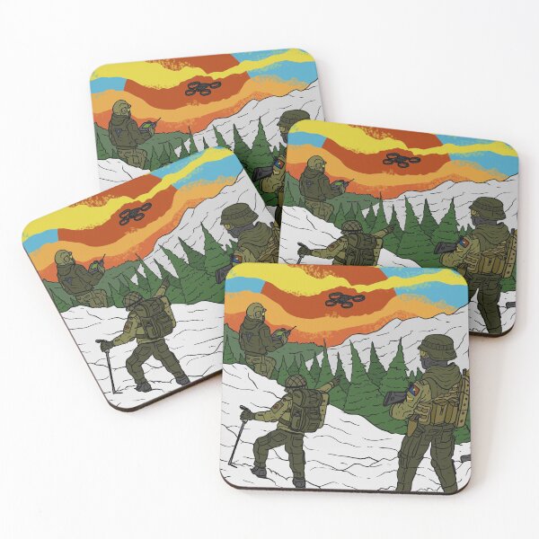 Item preview, soldiers and drones in a mountain landscape sunset.  designed and sold by JJadx.