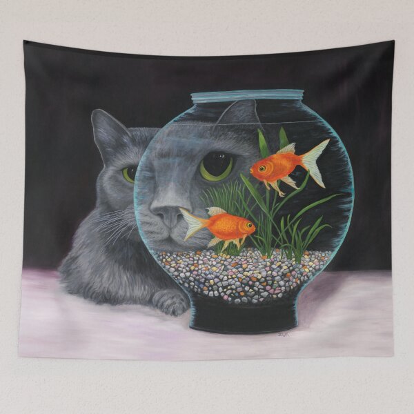 Item preview, Gato gris de pelo largo mirando fijamente una pecera con ojos ampliados. designed and sold by KarenZuk.