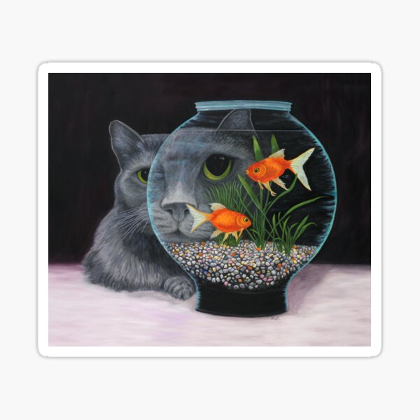 Grey Long haired cat staring into goldfish bowl with magnified eye. Sticker
