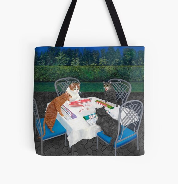 Vista previa del artículo con la obra «Gatos jugando Mahjong en el jardín», diseñado y vendido por KarenZuk.