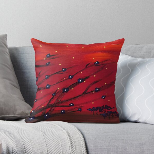 Black Sakura Sunset Throw Pillow