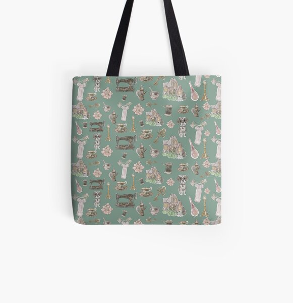 Cottage Witch Pattern - Wrap Around with Moss Background All Over Print Tote Bag