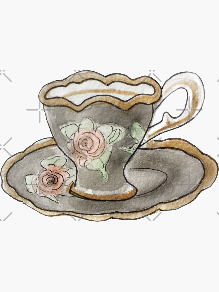 Antique Black & Pink Teacup with Rose Pattern Illustration in Watercolor by WitchofWhimsy