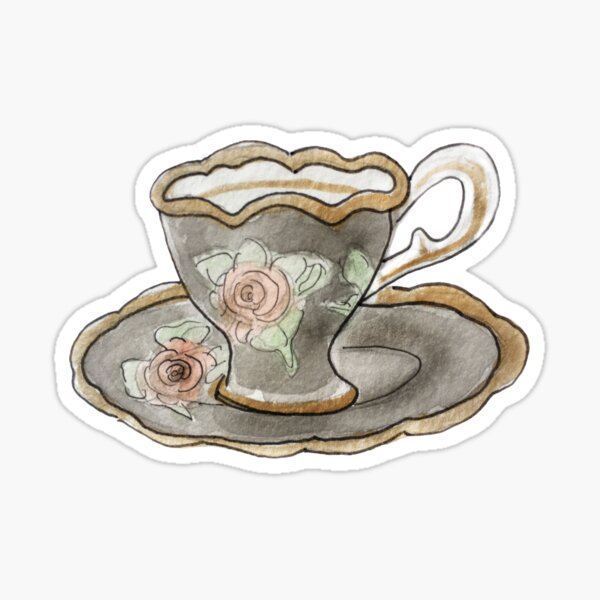 Antique Black & Pink Teacup with Rose Pattern Illustration in Watercolor Sticker