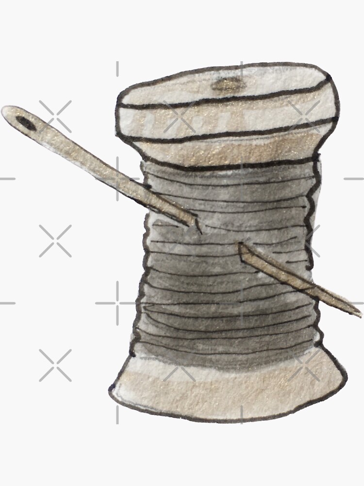 Spool of Black Thread and Gold Needle Illustration in Watercolor by WitchofWhimsy
