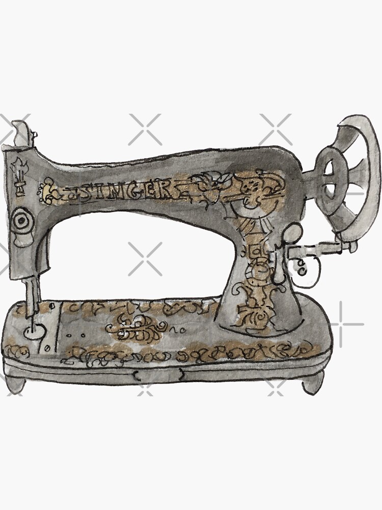 Vintage Hand Crank Sewing Machine with Gold Filigree Illustration in Watercolor by WitchofWhimsy