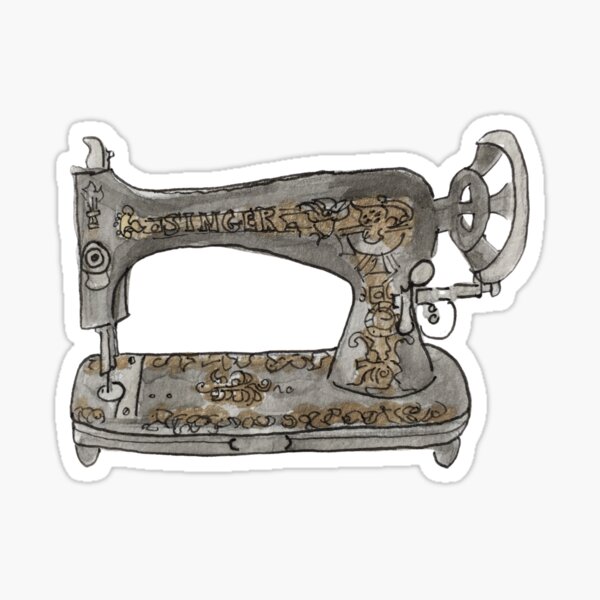 Vintage Hand Crank Sewing Machine with Gold Filigree Illustration in Watercolor Sticker