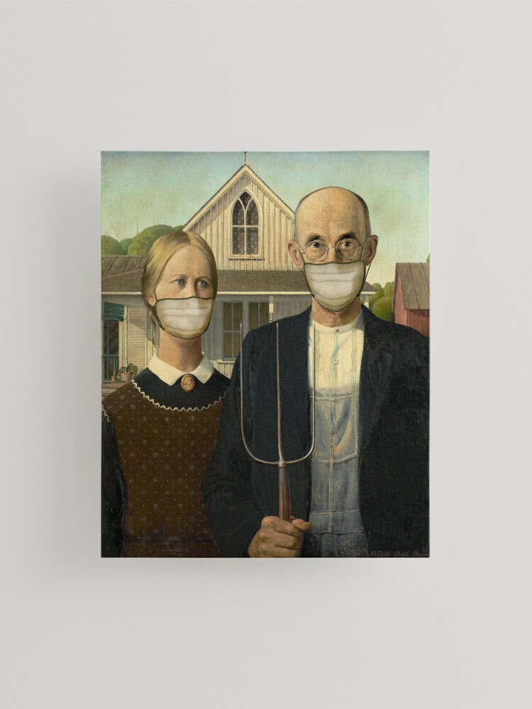 Famous Painting Parody Masked Farmer and Wife Mounted Print