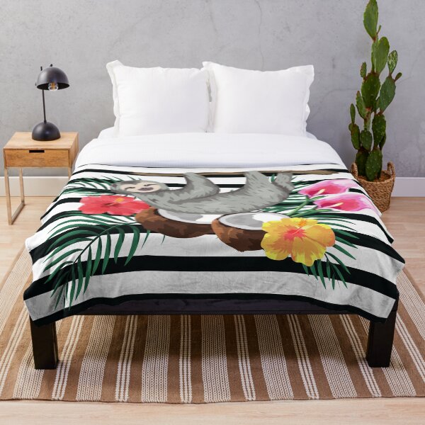 Item preview, Tropical Sloth | Striped black and white backgound designed and sold by caribbeanvibes.