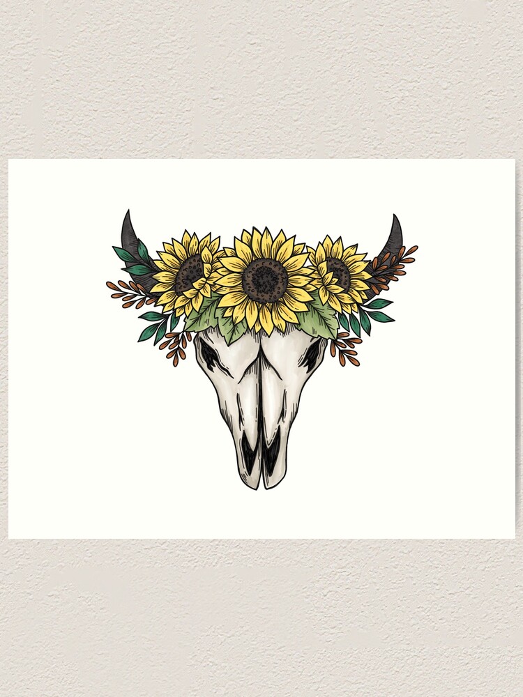 Cow Skull With Sunflowers Art Print By Wildpilotllc Redbubble