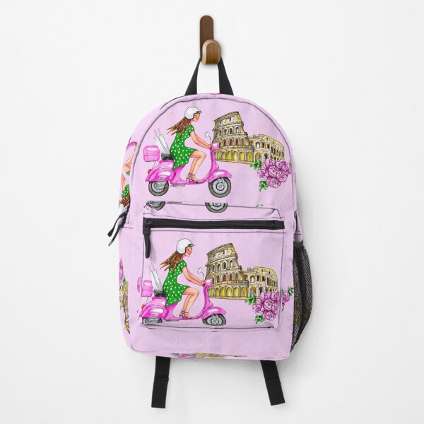 Item preview, Girl on a scooter next to the Coliseum and a bouquet of flowers. designed and sold by Colibri77.