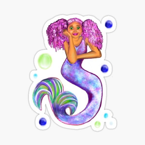 Magical rainbow mermaid with green eyes, pink hair and caramel brown skin Sticker