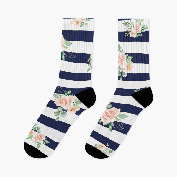 Artikelvorschau, Professionelles Maskenmuster: Navy Stripes mit Blumen entworfen und verkauft von Regan Crowley.