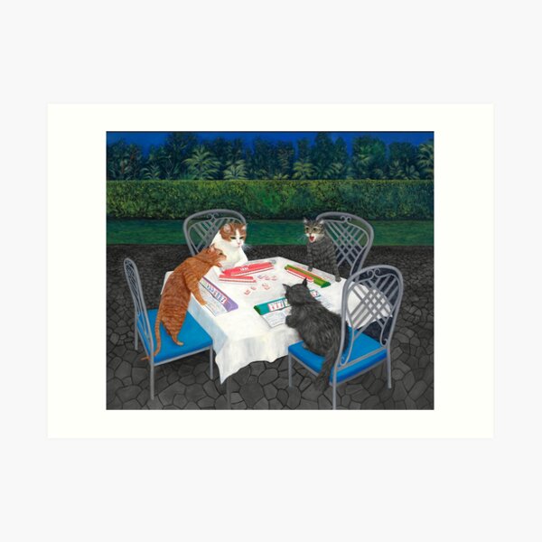 Cats Playing Mahjong in the Garden Art Print