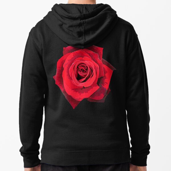black hoodie with a red rose