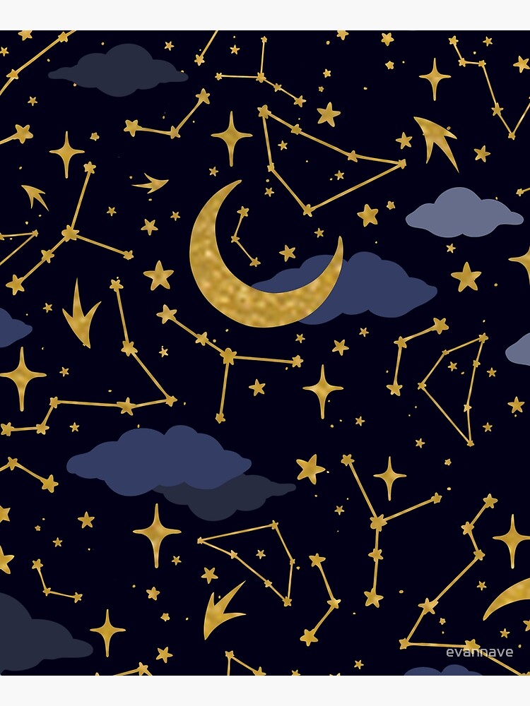 Celestial Stars and Moons in Gold and Dark Blue by evannave