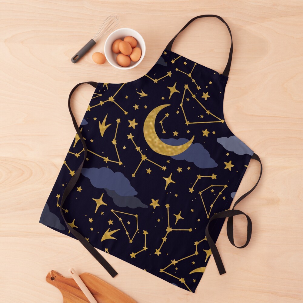 Celestial Stars and Moons in Gold and Dark Blue Apron