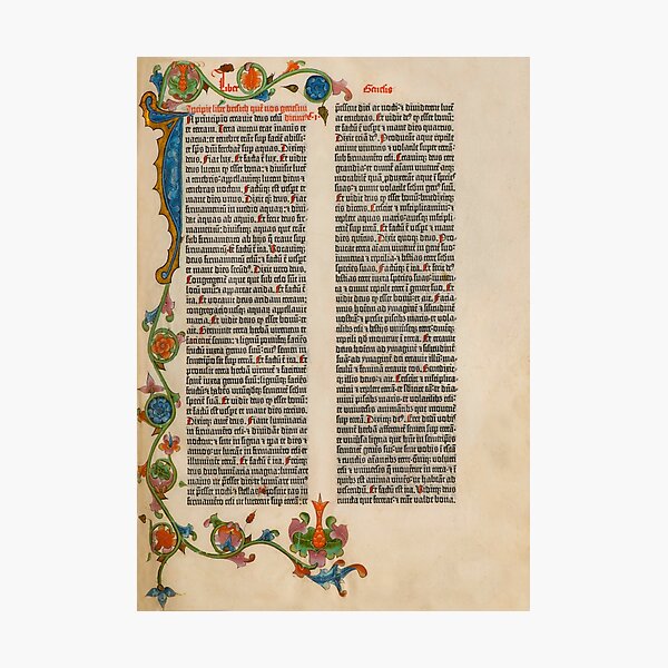 Gutenberg BIBLE Leaf Page Illuminated Flowers Medieval 1455 Photographic Print