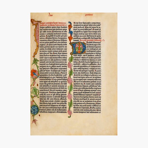 Gutenberg BIBLE Leaf Page Illuminated Flowers Medieval 1455 First Book Ever Printed - D Letter Photographic Print