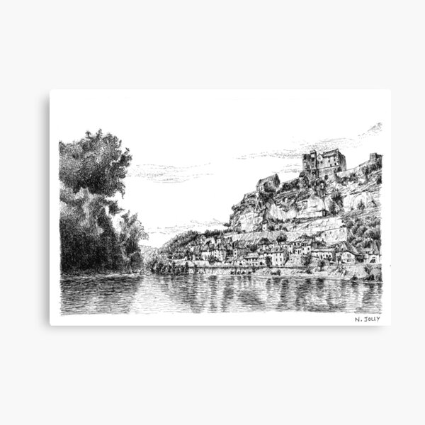 Beynac - Black ink drawing Canvas Print