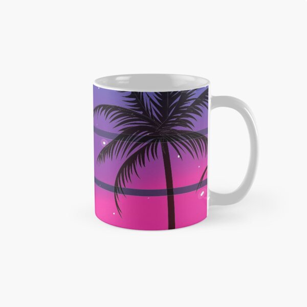 Aperçu de l'œuvre Retro 80s Pink and Blue Sunrise Miami Palm  créée et vendue par Uttershirt.